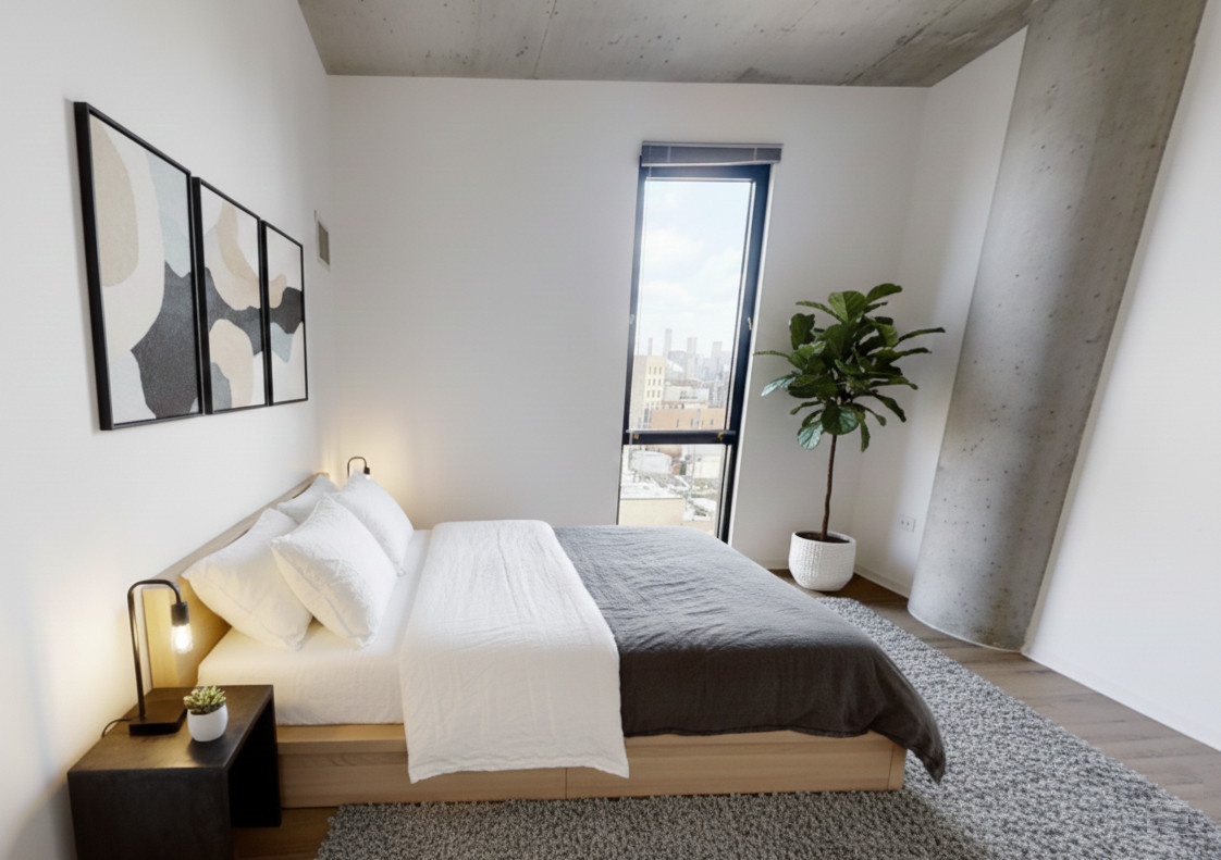 Modern bedroom with city view and large plant