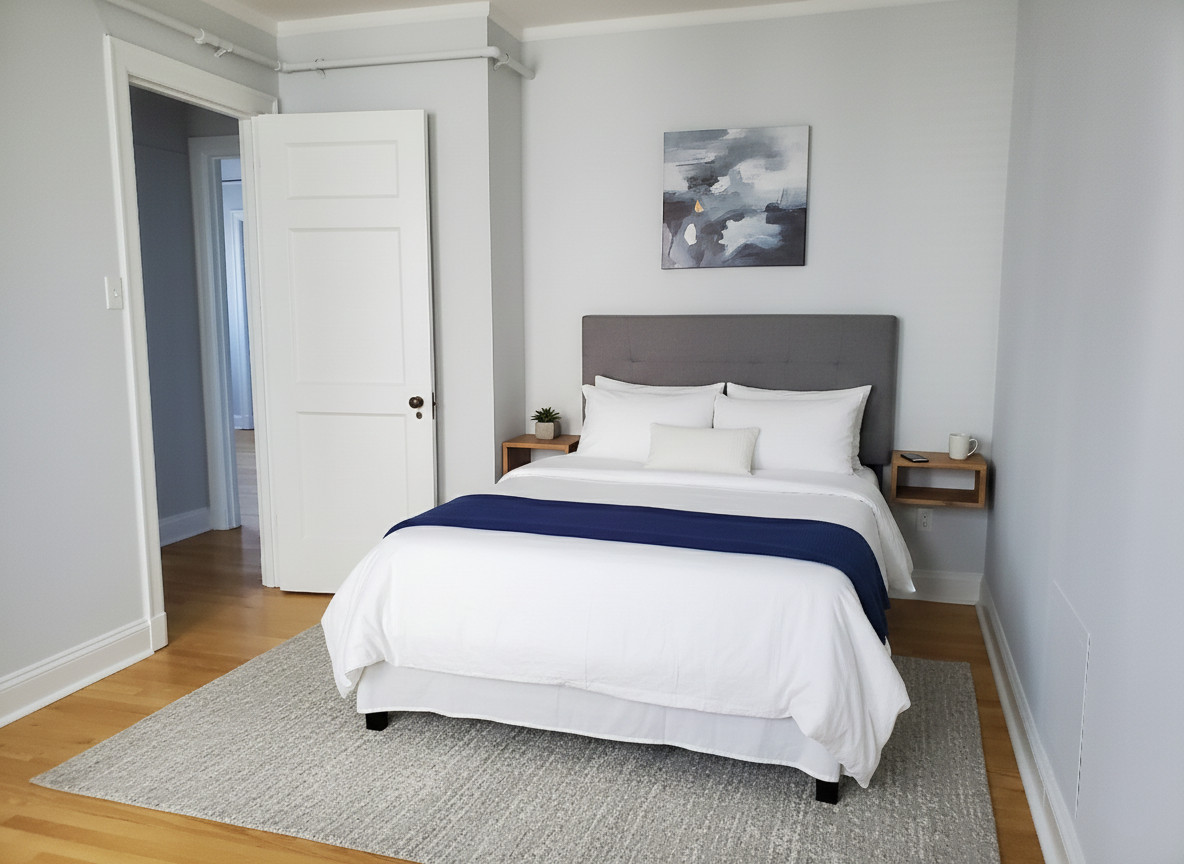 Modern bedroom with gray headboard and art.