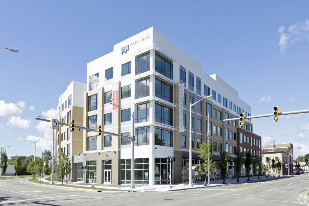 Modern urban building on street corner