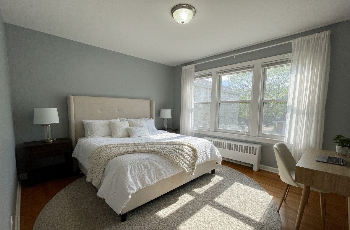 Bright bedroom with bed, desk, windows, and lamp.