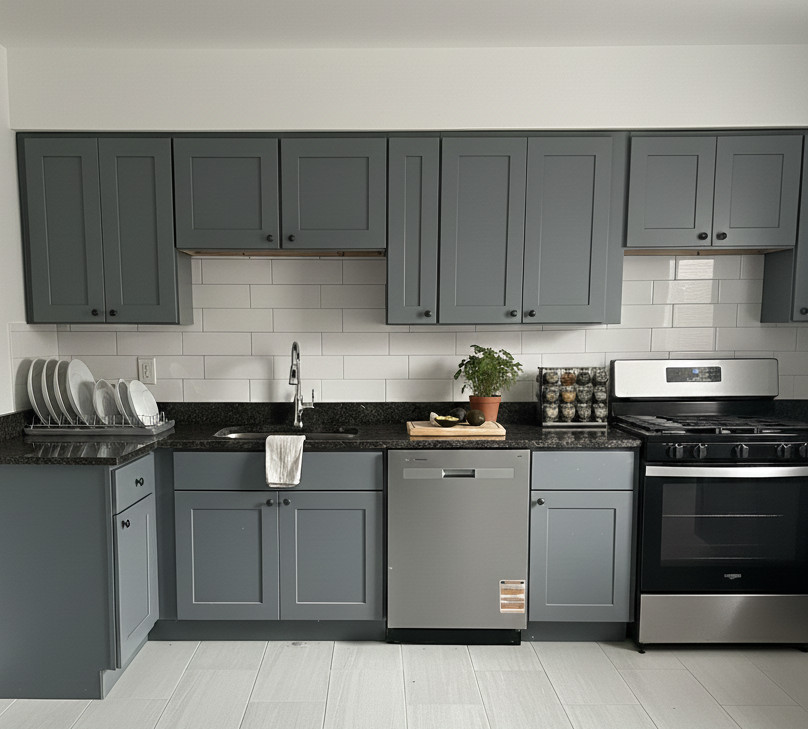 Modern kitchen with gray cabinets and appliances