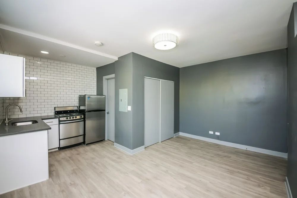 Modern apartment kitchen and living area with gray walls
