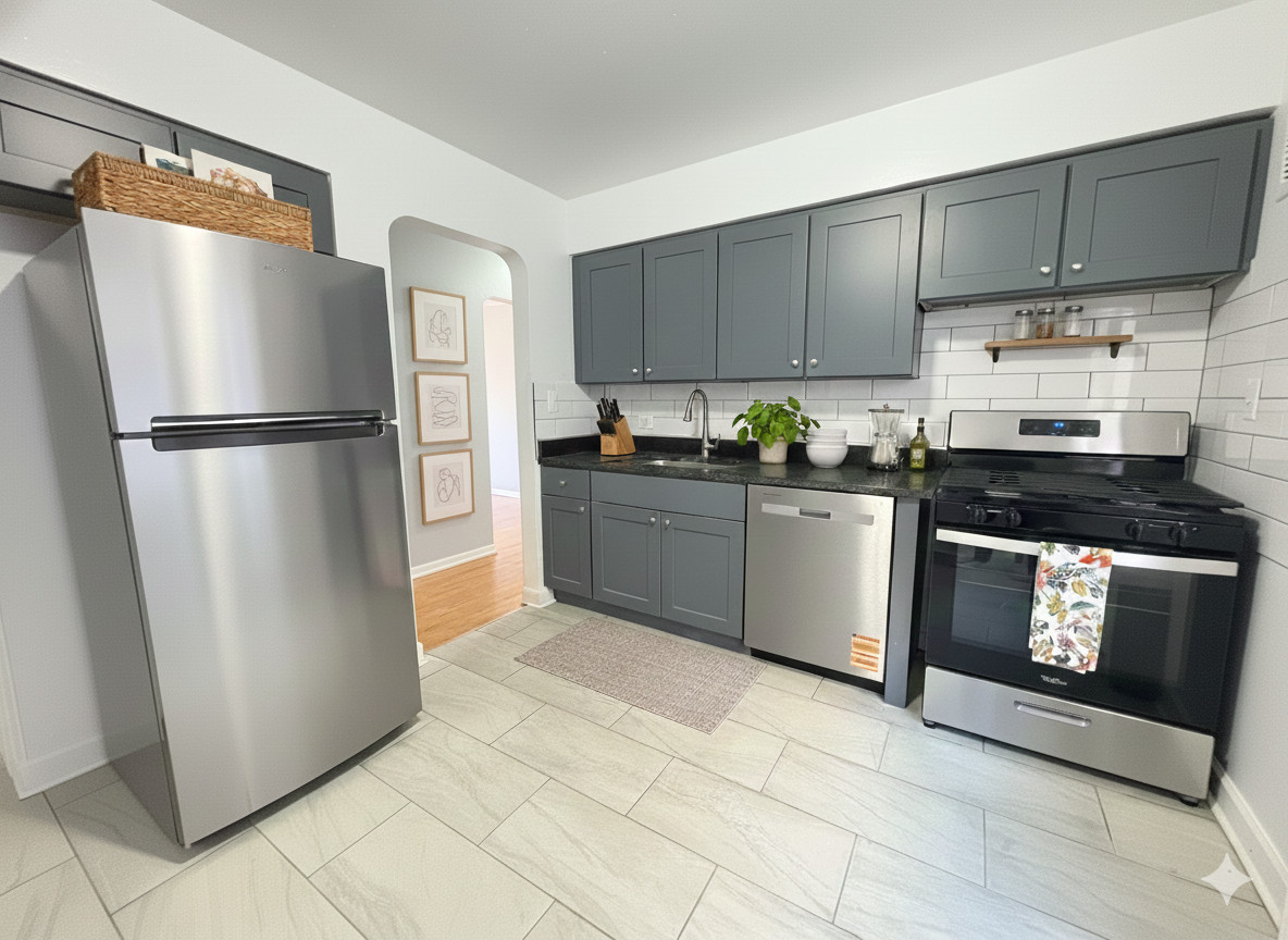 Modern kitchen with stainless steel appliances and gray cabinets.