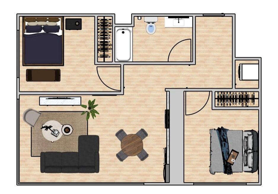 Two-bedroom apartment floor plan with furniture layout.