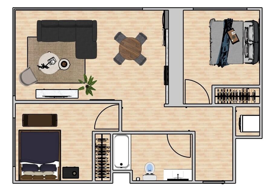Two-bedroom apartment floor plan with living room and bathroom.