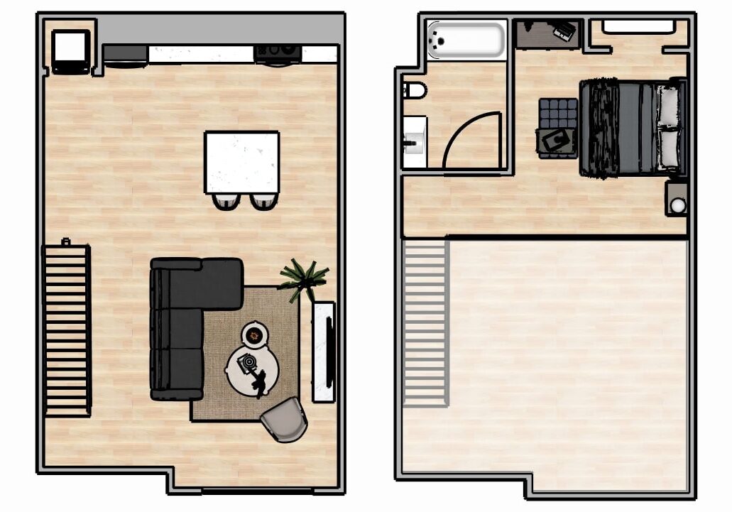 Two-level apartment floor plan with furniture layout.