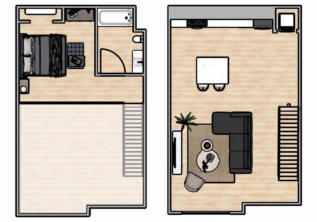 Two-floor apartment layout with bedroom and living area.