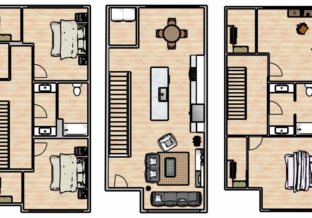Three-bedroom apartment floor plan layout.