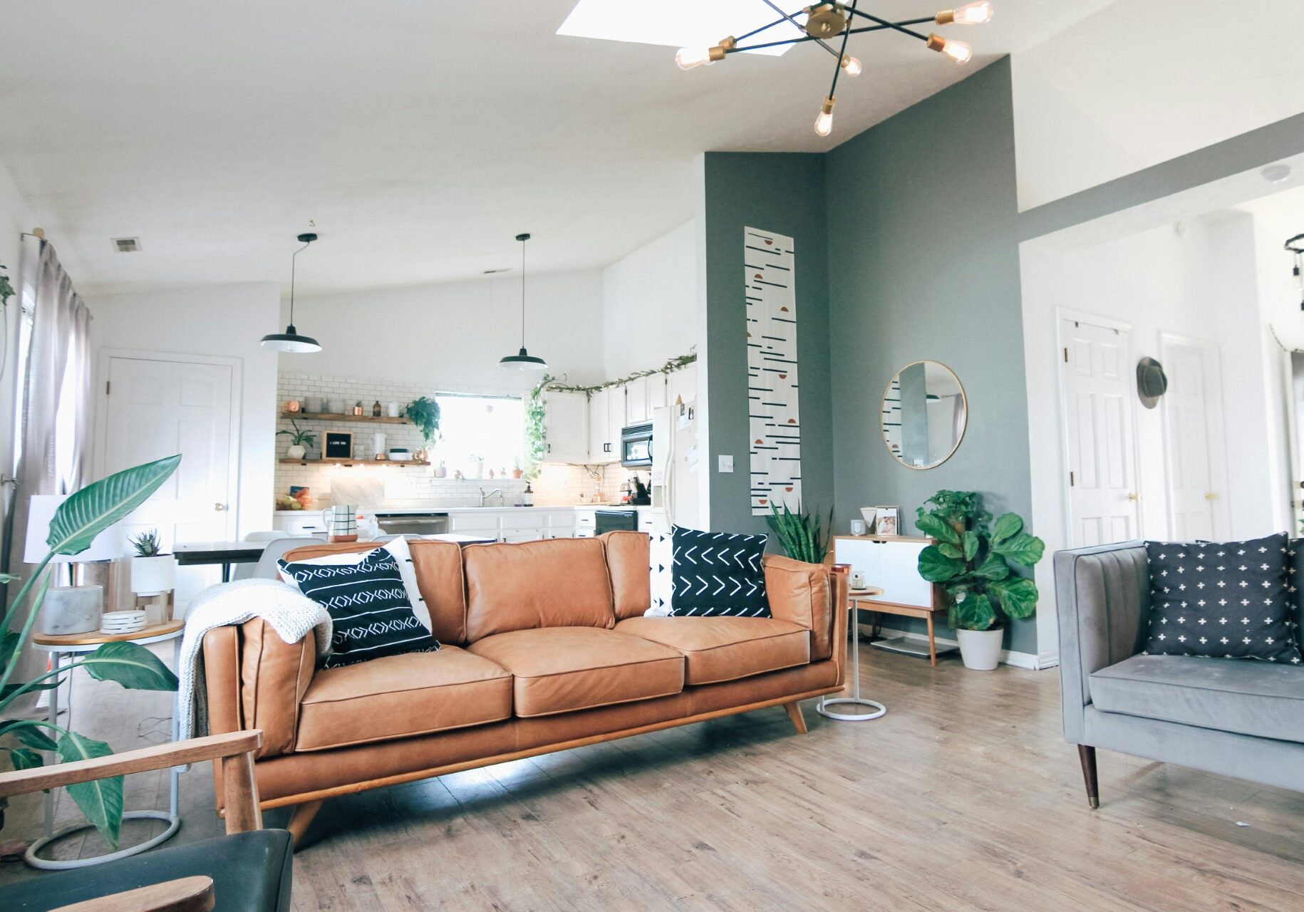 Modern living room with leather sofa and green plants.