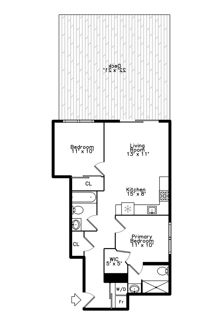 Two-bedroom apartment floor plan with deck
